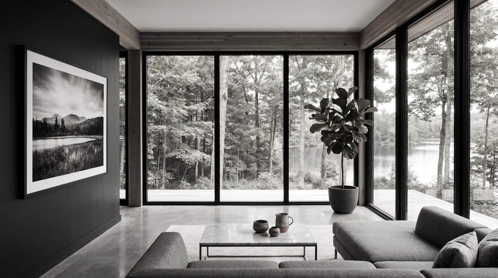 "Living room moderno in bianco e nero con ampie vetrate, progettato in bioedilizia"
