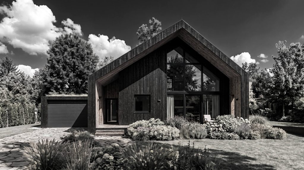"Esterno di una moderna casa passiva (Passivhaus) con architettura minimalista in bianco e nero"